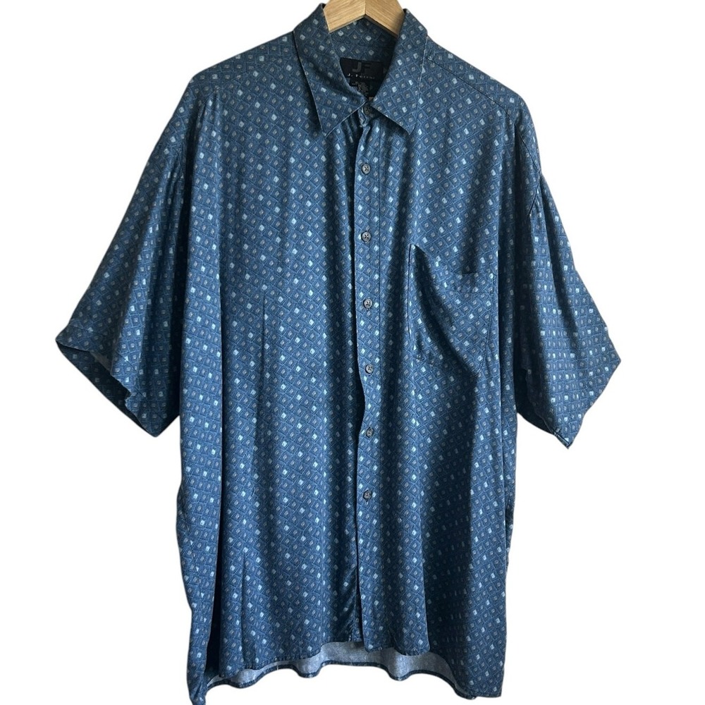 J Ferrar Mens Retro Geometric Button Front Shirt XL Blue Viscose Boho Resort